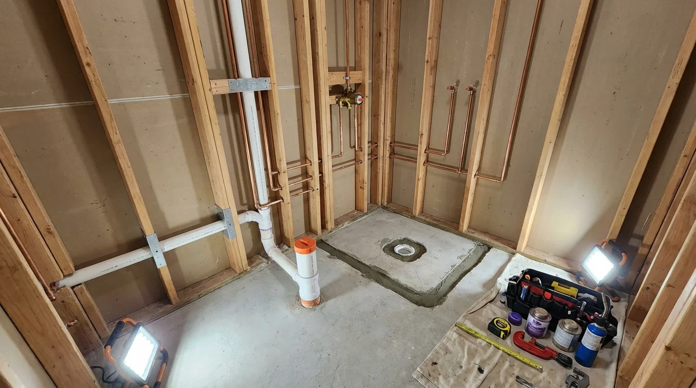Bathroom rough-in plumbing during remodel by Johns Plumbing LLC in Valhalla