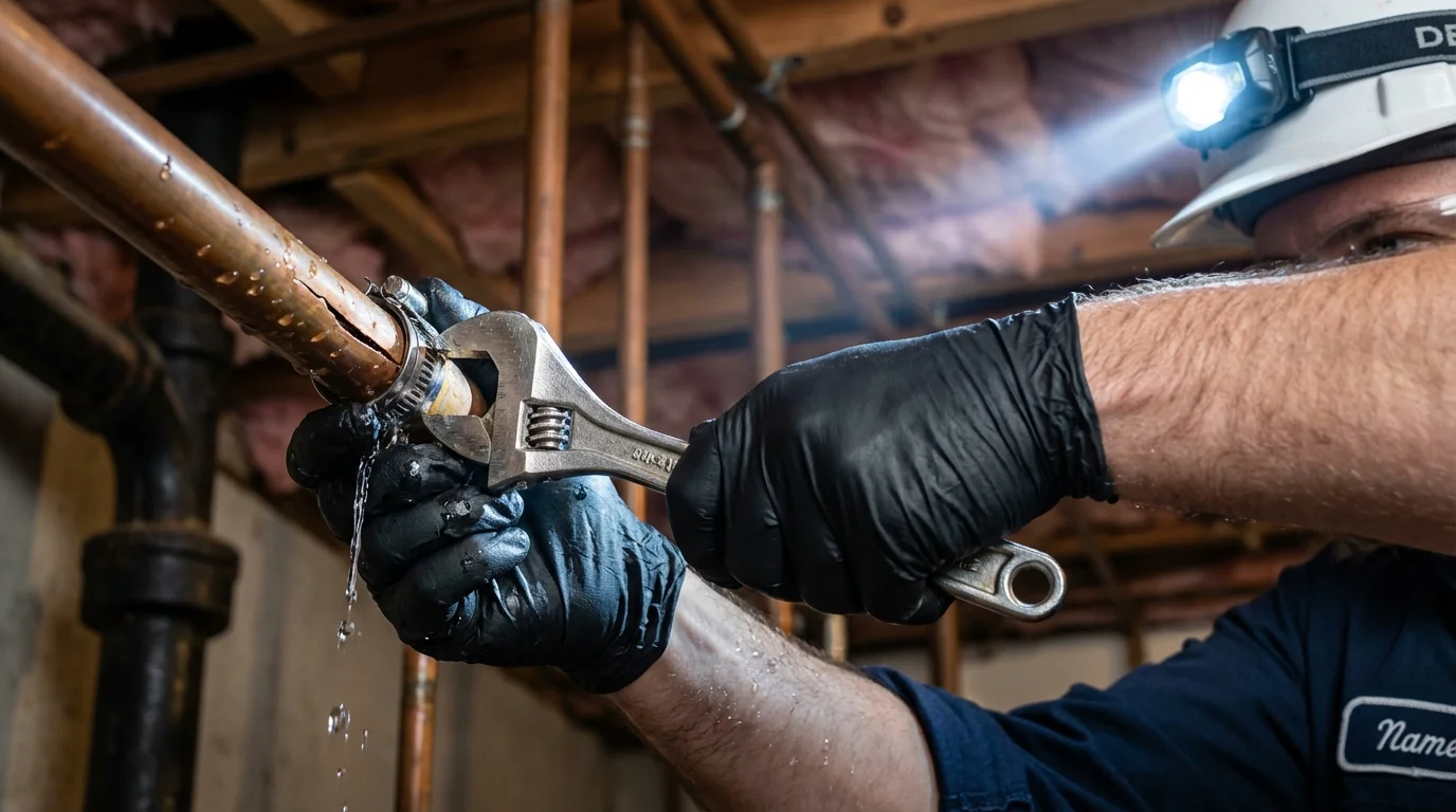 Emergency pipe clamp repair being performed by a Johns Plumbing LLC plumber in Valhalla